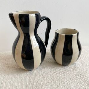 Vintage Jonathan Adler Pottery Black White Striped Pitcher & Vase